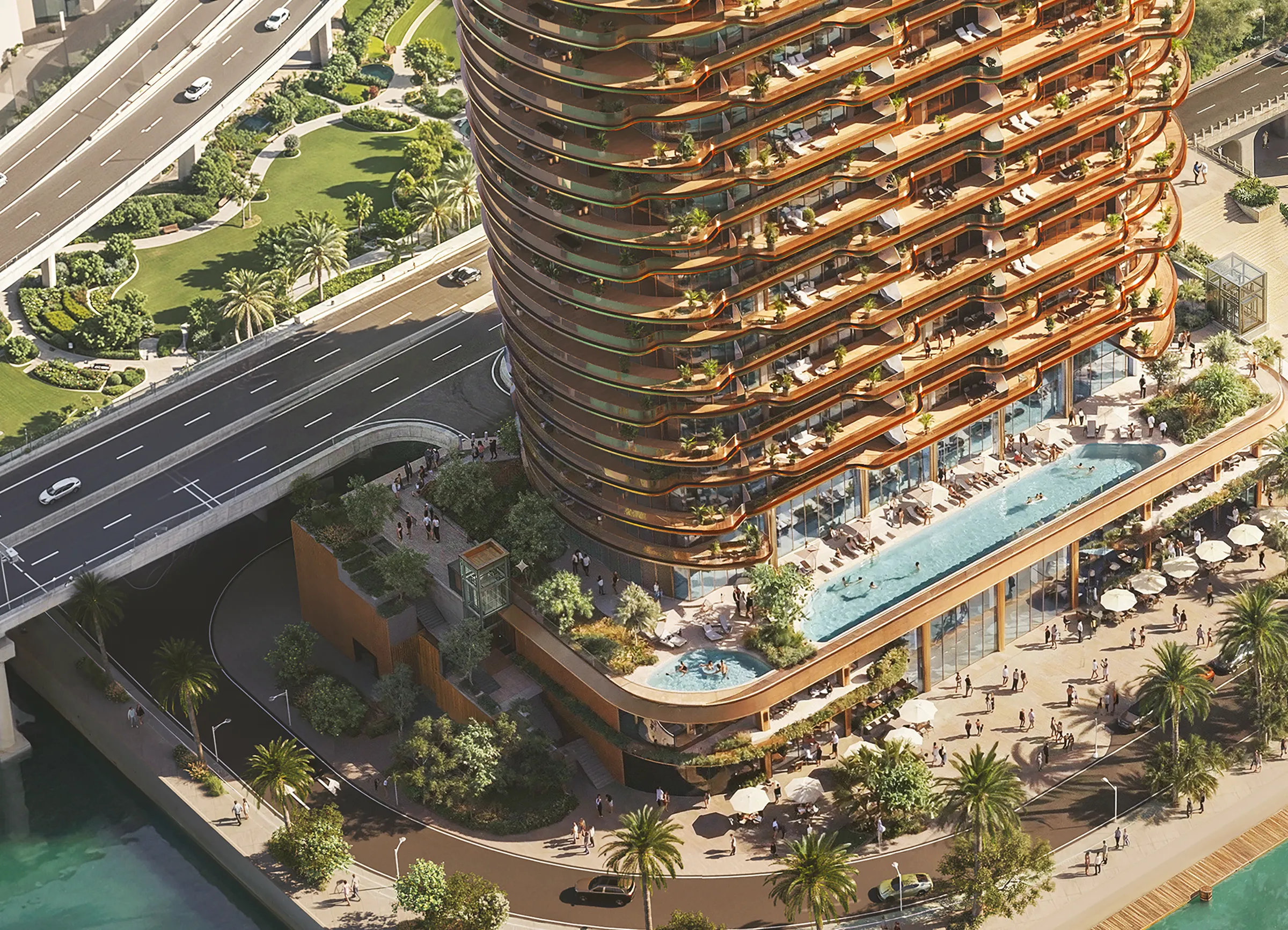 The podium pool deck and promenade at the foot of the tower, developer render