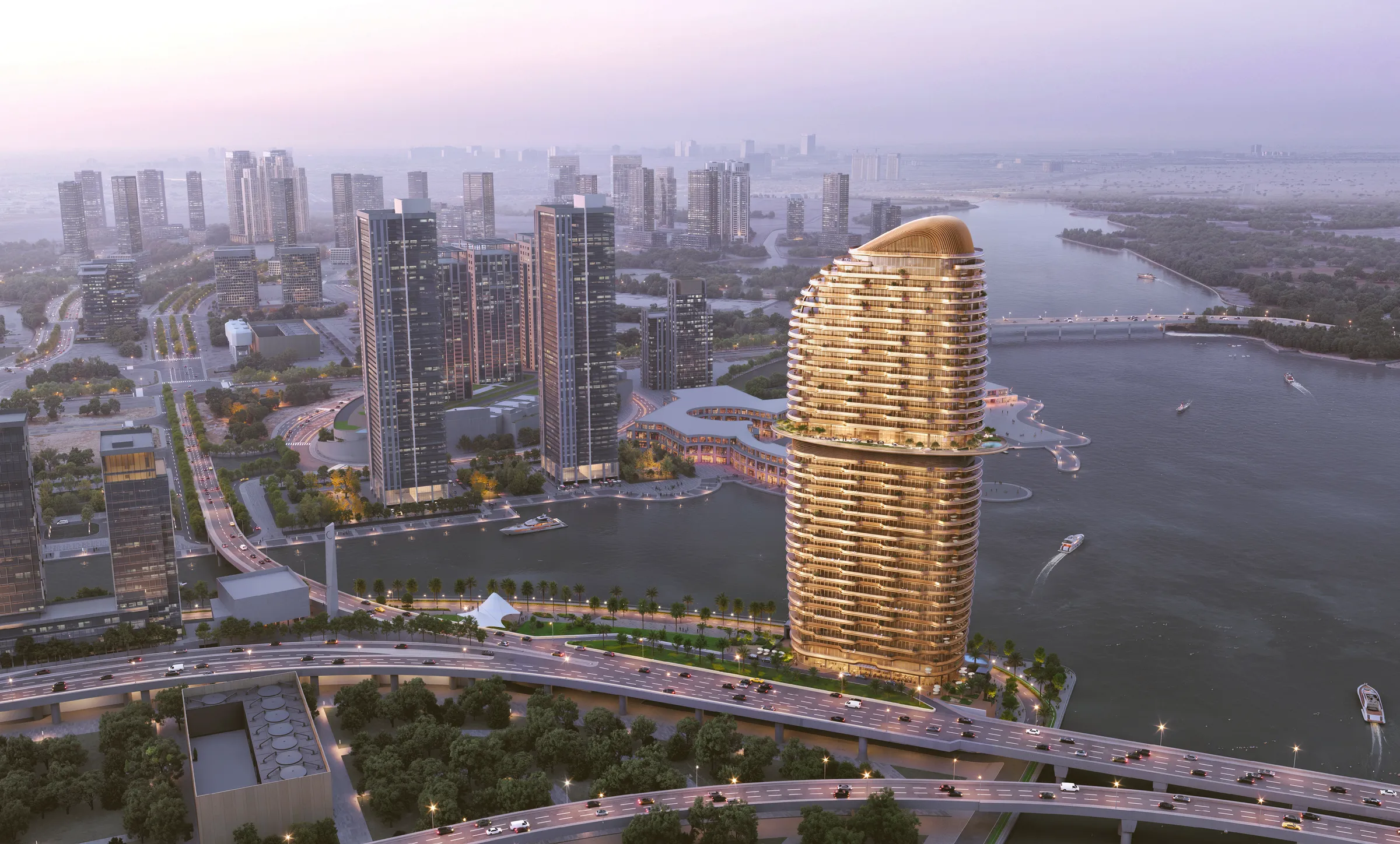 The tower at dusk on Al Maryah Island, developer render